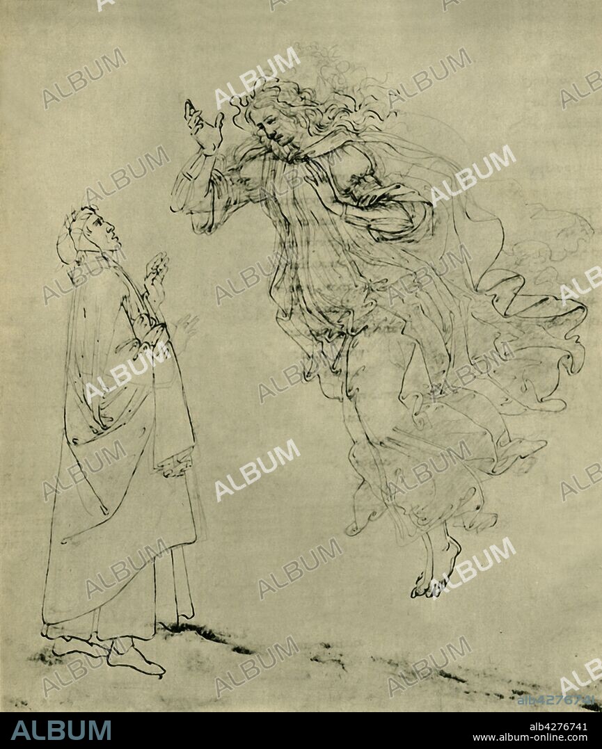 SANDRO BOTTICELLI. Dante and Beatrice, 1492-1495, (1943). Illustration to "The Divine Comedy" (La divina commedia) by Dante Alighieri. Drawing in the Kupferstichkabinett Berlin. From "Europäische Handzeichnungen", (Five Hundred Years of European Drawings), by Bernhard Degenhart. [Atlantis-Verlag Berlin, Zürich, 1943].