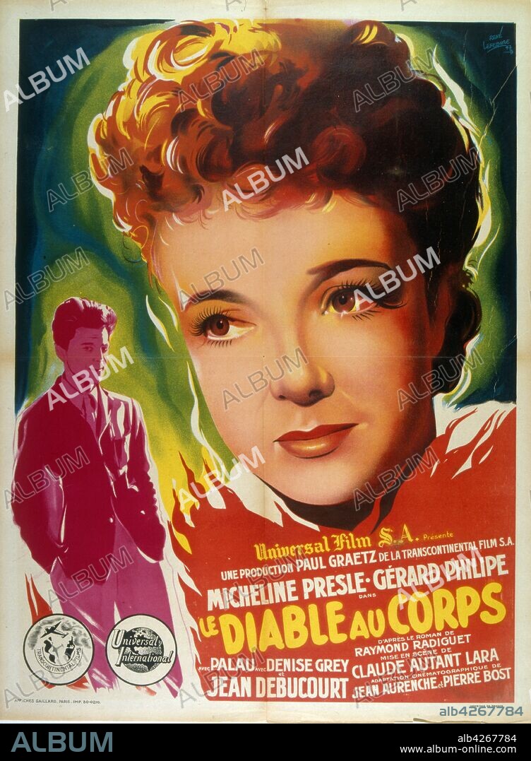 Poster for the French film, Devil in the Flesh (French: Le diable au corps) is a 1947 French movie directed by Claude Autant-Lara starring Micheline Presle and Gerard Philipe. It is based on a novel by Raymond Radiguet.