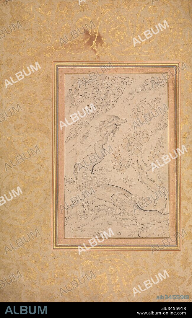 Dragon and Clouds, ca. 1600, Attributed to Iran, Ink and watercolor on paper, Painting: H. 7 1/2 in. (19.1 cm), Codices, Attributed to Sadiqi Beg (1533/34–1609/10), As the dragon emerges from the natural landscape, the sinuous line of its silhouette mimics those of its surroundings. In the late sixteenth century, the production of single page, finished drawings destined for albums increased; numerous pictures of dragons, either alone or in combat with men or other animals, were executed.