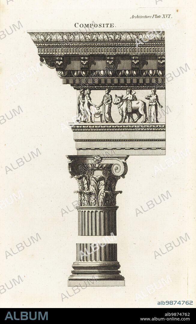 Composite order from the Arch of Titus, Rome. Richly ornamented frieze, capital with Corinthian acanthus and Ionic Echinus, cornice with Corinthian modillions and Ionic dentils. Copperplate engraving from Francis Fitzgeralds The Artists Repository and Drawing Magazine, Charles Taylor, London, 1785.