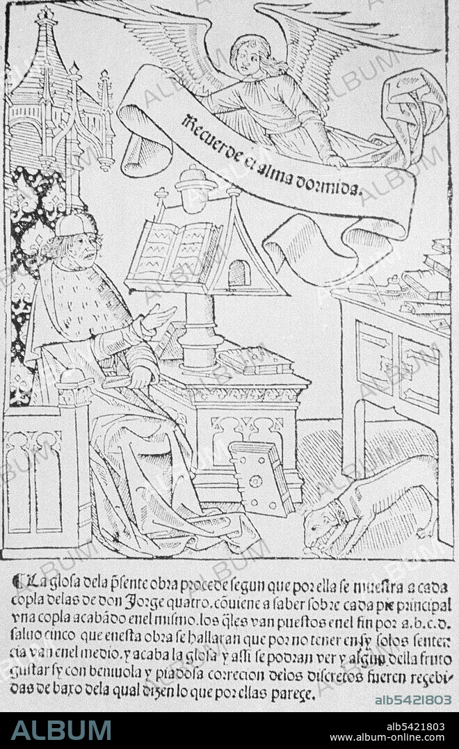 MANRIQUE , JORGE. ESCRITOR ESPAÑOL . PAREDES DE NAVA 1440 - 1479. GRABADO ,COPLAS A LA MUERTE DE SU PADRE. RECUERDE EL ALMA DORMIDA. BIBLIOTECA NACIONAL . MADRID.