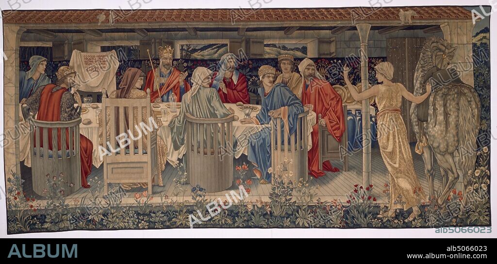 Quest for the Holy Grail Tapestries, Panel 1, Knights of the Round Table Summoned to the Quest by the Strange Damsel, 1898-1899 Designer: Edward Burne-Jones Designer: William Morris,, Designer: John Henry Dearle,, Manufacturer: Morris & Co, The first narrative panel of the series. Depicts King Arthur and eight knights seated at the round table., Applied Arts, Arts and Crafts, TextilesPre-Raphaelite, Tapestry, Arthurian Legend, Holy Grail.