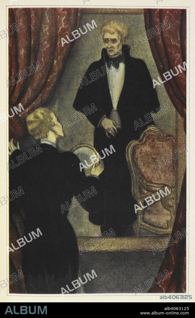OSCAR FINGAL O'FLAHERTIE WILLS WILDE y MAJESKA. 'Looking now at the evil and aging face on the canvas and now at the fair young face that laughed back at him from the polished glass'. Dorian Gray comparing his reflection in a mirror with his portrait in the painting. The Picture of Dorian Gray ... Illustrated by Majeska. [With plates.]. New York : Horace Liveright, 1930. Source: Cup.502.e.25 plate opposite page 162.