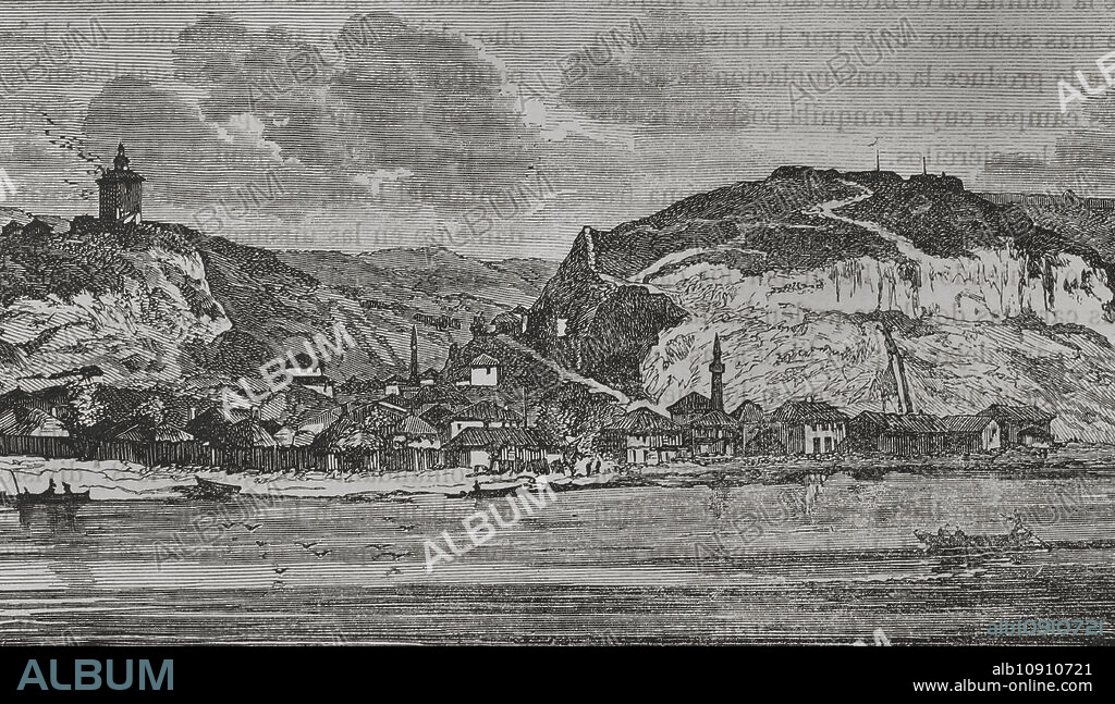 Nikópol. Vista general de la ciudad a orillas del río Danubio, en territorio actual de Bulgaria. La ciudad, bajo dominio otomano, fue capturada por los rusos en 1877 durante la Guerra Ruso-Turca (1877-1878). Grabado. "La Guerra de Oriente". Tomo II. 1877.