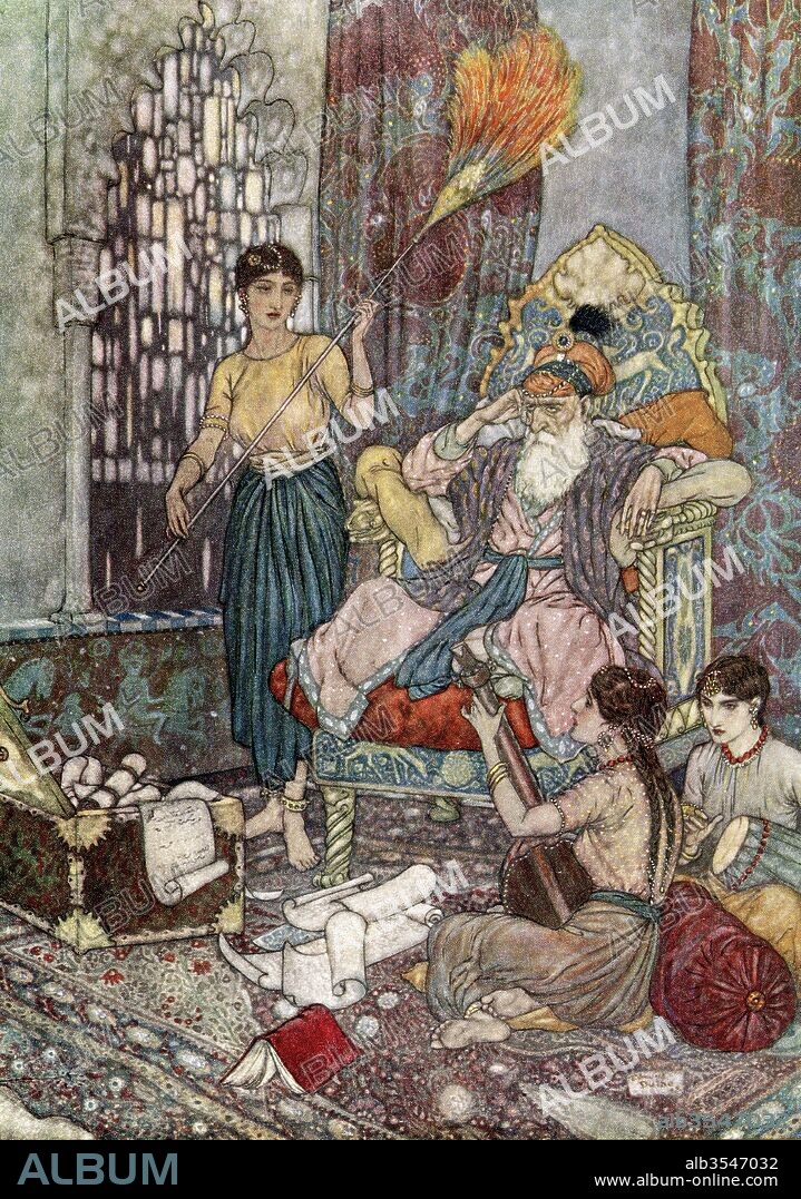 With me along the strip of Herbage strown That just divides the desert from the sown,Where name of Slave and Sultán is forgot -And Peace to Máhmúd on his golden Throne. Illustration by Edmund Dulac from the Rubaiyat of Omar Khayyam, published 1909.