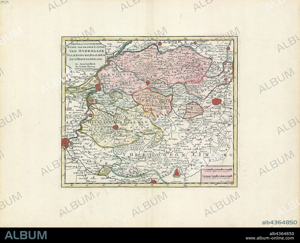 Map, Nieuwe en naauwkeurige kaart van de drie landen van Overmaaze, Valkenburg, Daalhem en 's Hertogenrade, Jacob Keyser (1710-1745 fl.), Copperplate print.