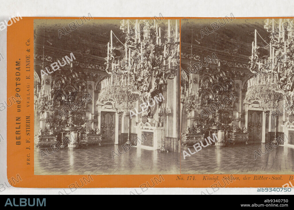 Knights' Hall in the Berliner Stadtschloss, Berlin, Königl. Schloss, der Ritter-Saal. Berlin (title on object), Ansichten von Deutschland, Berlin und Potsdam (series title on object), Johann Friedrich Stiehm (mentioned on object), publisher: E. Linde & Co (mentioned on object), Berlin, 1868 - 1870, cardboard, paper, albumen print, height 87 mm × width 176 mm.