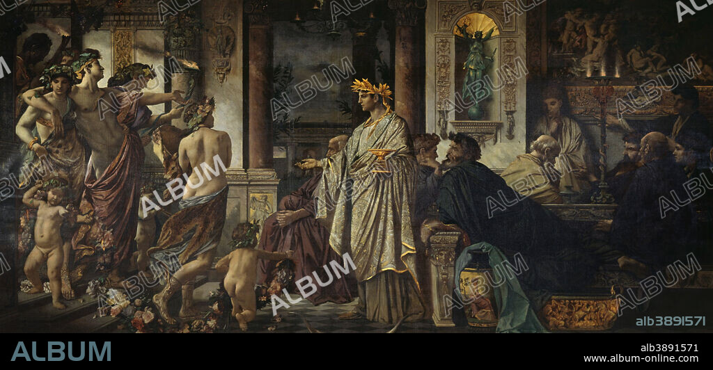 ANSELM FEUERBACH. Das Gastmahl. Nach Platon (zweite Fassung) / The Symposium (Second Version). Date/Period: From 1871 until 1874. Painting. Oil on canvas. Length: 750 cm (24.6 ft); Height: 400 cm (13.1 ft).