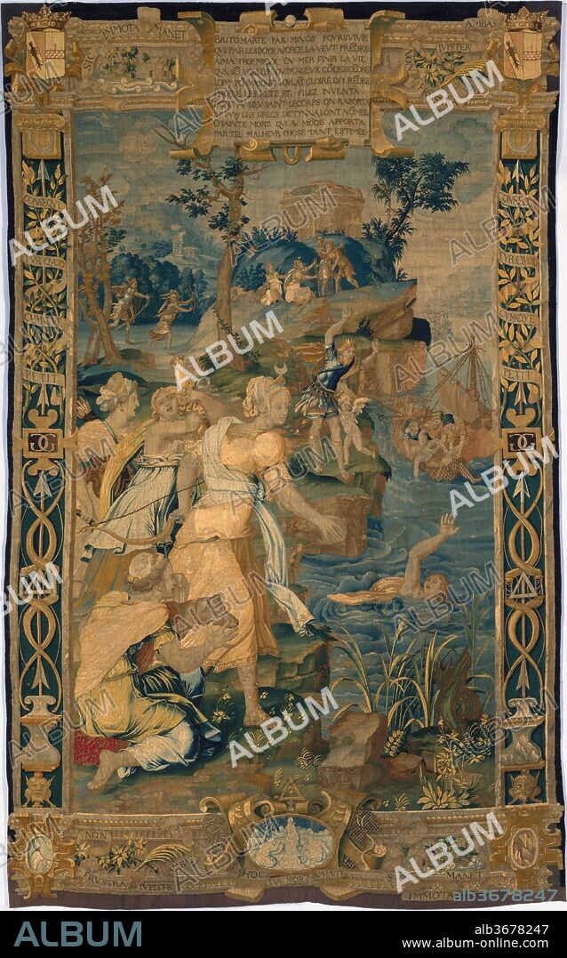 The Drowning of Britomartis from Scenes from the Story of Diana. Artist: Related to engravings by Étienne Delaune (French, Orléans 1518/19-1583 Strasbourg). Culture: French, probably Paris. Designer: Probably designed by Jean Cousin the Elder (French, Souci (?) ca. 1490-ca. 1560 Paris (?)). Dimensions: H. 183 x W. 114 inches (464.8 x 289.6 cm). Maker: Possibly woven in the workshop directed by Pierre Blasse the Younger (French, active 1540-60); Possibly woven in the workshop directed by Jacques Langlois (French, active 1540-60). Date: 1547-59.
This tapestry is from a set depicting scenes from the story of Diana probably made for the château of Anet, about forty miles west of Paris, which was the chief residence of Henry II's mistress, Diane de Poitiers. She herself, born in 1499, was named after the goddess, a sign that the Renaissance, with its emulation of classical antiquity, had come to France.
The inscription in French verse on the upper border of the tapestry tells the story depicted:
Britomartis, pursued by Minos, who wished to take her by force in the woods, greatly preferred to end her life in the sea rather than submit to his outrageous will. Accordingly, wishing to give her fame for her death, Phoebe [Diana] invested fishnets and snares, with which the body was brought to a holy place, and since then the Greeks have called her Dictynna ["fishnet"]. O holy death, that gave such a valuable thing to the world by means of such a misfortune!
Diana stands in the center of the tapestry, a crescent on a support above her forehead. To the right, the drowning Britomartis raises one hand above the water. In the middle distance, Minos, king of Crete, stands looking into the water with his arms raised in astonishment, while Britomartis' body is being fished out of the water to the right. In the left background we see Minos pursuing Britomartis, and farther back, to the right, Diana hands a net to two men.
The version of the story shown here is not precisely that found in the writings of any classical author, and the invention of the net by Diana does not seem to be a classical idea at all. It is here in order to glorify Diane de Poitiers, who is portrayed in the guise of the goddess. The borders of the tapestry are marked by the Greek character delta and other symbols of Diane.