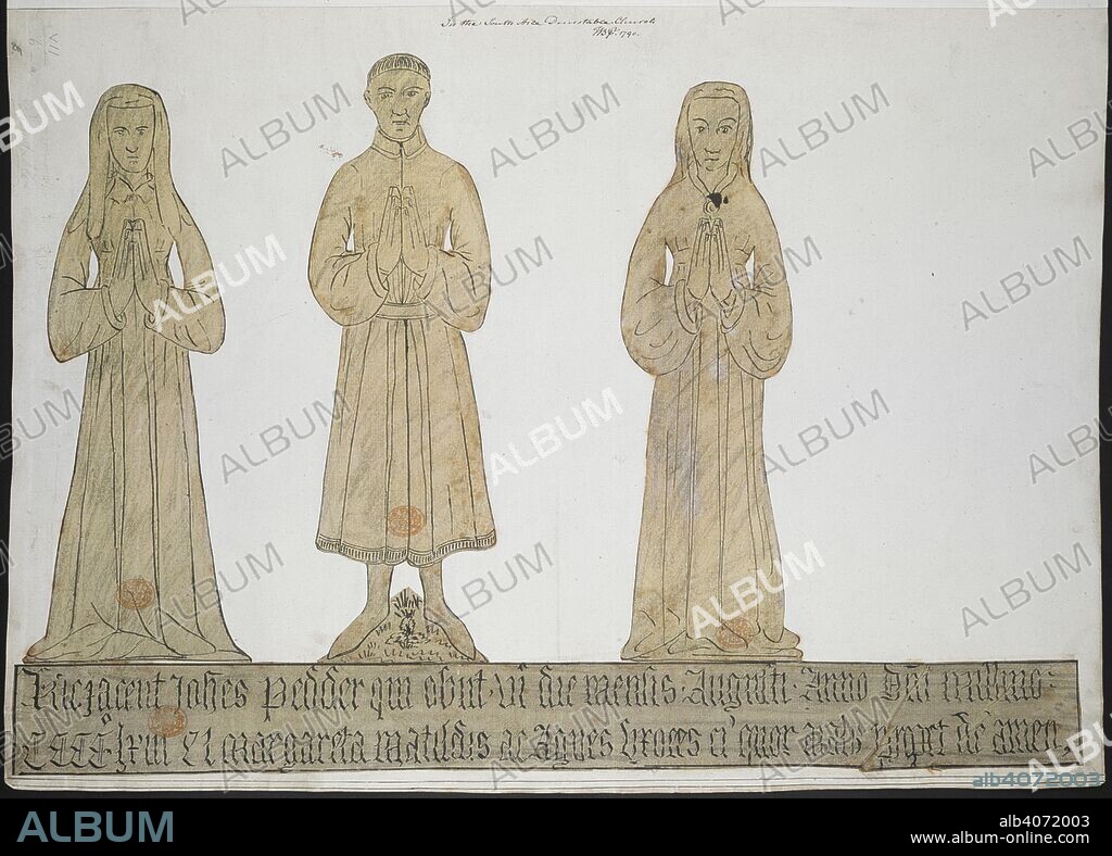 THOMAS BASKERFIELD. Four brass rubbings of a monumental brass depicting a man, two women and an inscription plaque from The Priory Church of St Peter, Dunstable. In the South Aisle Dunstable Church. 1790. Pen and black ink with black crayon. Source: Maps K.Top.7.6.a.5. Language: English.