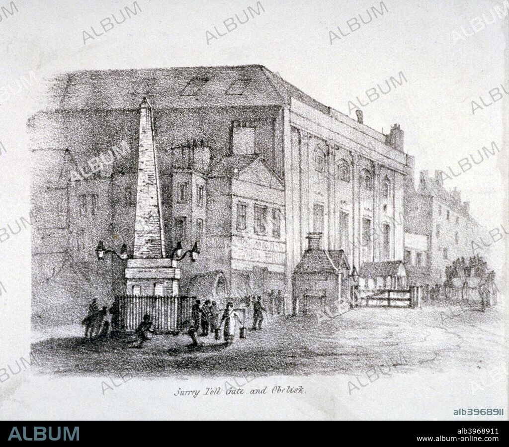 Toll gate and obelisk at St George's Circus, Southwark, London, c1830. Street scene showing part of London Road.