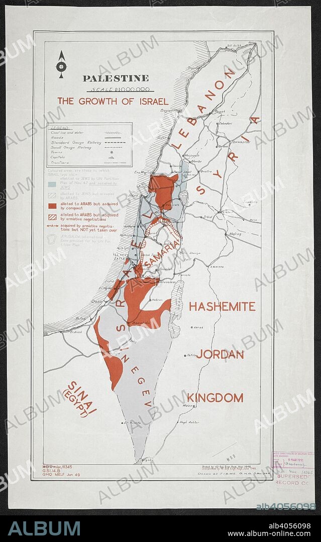 A map showing: Israel; Lebanon; Samaria; Sinai (Egypt); Syria; Hashemite Jordan Kingdom.  . The growth of Israel, MDR Misc 11345. [Cairo] : [Survey Directorate, Middle East], 1948. Produced by: British army : Royal Engineers. Survey Engineers Regiment, 42nd. Overprinted by 42 Svy Enr Reg June 1949. maps : col.; Scale 1:1 000 000. Source: Maps MOD MDR MISC 11345.