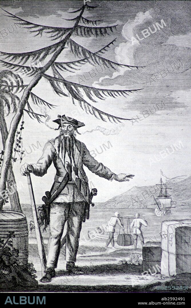 Captain Teach, Generally known as Blackbeard.  Teach was one of the most terrifying and from  the romantic view the most satisfying of the pirates, for there is no questioning his savagery. The two slow matches which he kept burning under the brim of his hat are characteristics .                                                                                                                                                                                                                                                                                                                                                                                                                                                                                                             .
