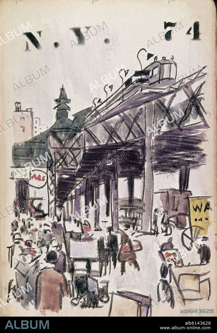 SERIE DIBUJOS DE NUEVA YORK AÑOS 20 - AVENIDA CON TRANSEUNTES Y METRO - SIGLO XX.