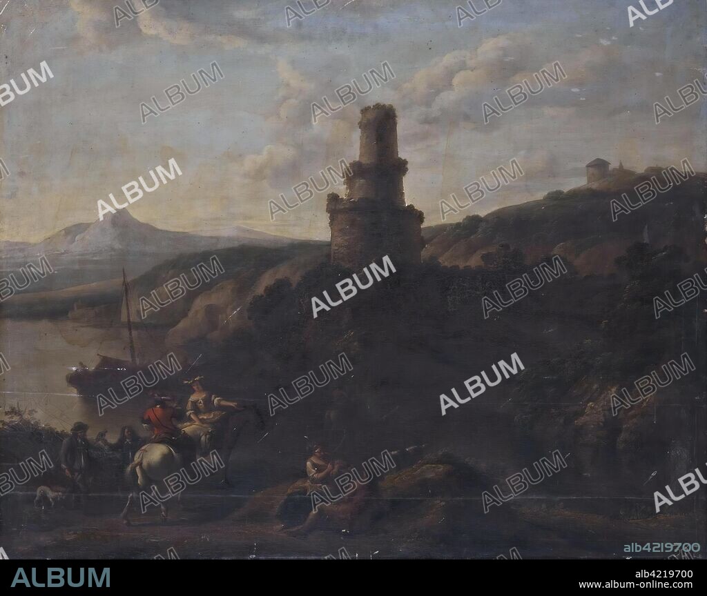 BERCHEM, NICOLAES (CLAES) PIETERSZ (CIRCLE OF) (? ). 'Landscape with a River and Tower'. Holland. Dimensions: 84,5x105 cm.