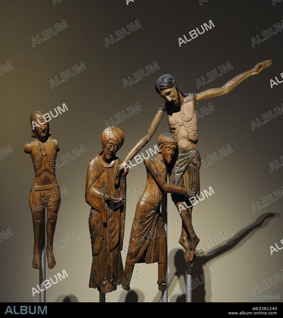 Descent from the Cross from Santa Maria de Taull, 2nd half of 13th century. Figures of Dimes, Virgin Mary, Saint John of Arimathea and Jesus crucified. Wood. Anonymous. Spain. National Art Museum of Catalonia. Barcelona. Catalonia. Spain.
