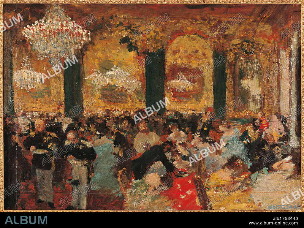 Dinner at the Ball, by Edgar Degas, 1879, 19th Century, oil on canvas,. France, Ile de France, Paris, Muse dOrsay, MNR226. All. Ball people room chandelier ladies gentlemen officers chairs tables.