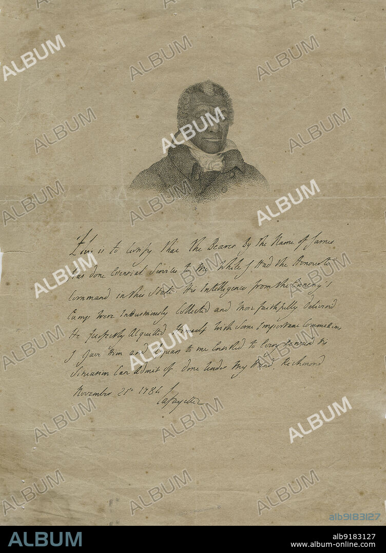 James Armistead Lafayette - Facsimile of the Marquis de Lafayette's original certificate commending James Armistead Lafayette for his revolutionary war service, with portrait after John B. Martin., 1784-11-21. Lafayette was an enslaved African American who served the Continental Army during the American Revolutionary War under the Marquis, and later received a legislative emancipation. As a double agent, he reported the activities of Benedict Arnold after he had defected to the British, and of Lord Cornwallis during the run-up to the Battle of Yorktown. He fed the British false information while disclosing very accurate and detailed accounts to the Americans.