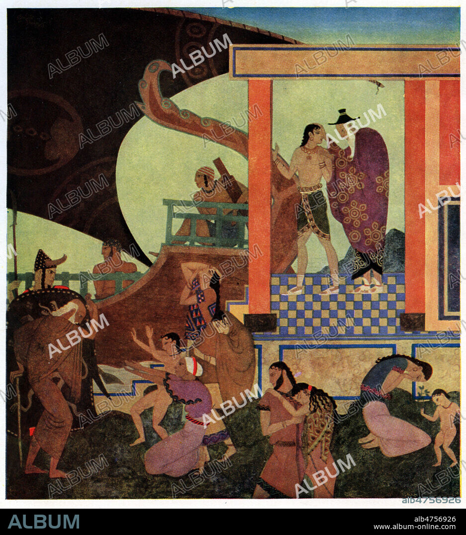 Depart de Thesee, et des autres jeunes pour l'ile du minotaure; son pere lui parle et lui demande de changer la couleur de la voile s'ils reviennent sains et saufs. Mythologie grecque. Illustration par Edmund DULAC (1882-1953=ADAGP), in Tanglewood Tales by Nathaniel Hawthorne , annees 30. Collection privee GROB/KHARBINE TAPABOR.