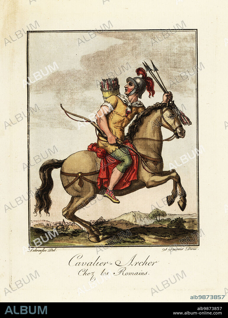 Costume of a mounted archer, ancient Rome. In galea or helmet, tunic, short trousers or sagulum gregale, sandals, armed with bow, arrows and quiver. Cavalier-Archer chez les Romains. Handcoloured copperplate drawn and engraved by L. Labrousse, artist of Bordeaux, under the direction of Jacques Grasset de Saint-Sauveur from his Lantique Rome, ou description historique et pittoresque, Ancient Rome, or historical and picturesque description, Chez Deroy, Paris, 1796.