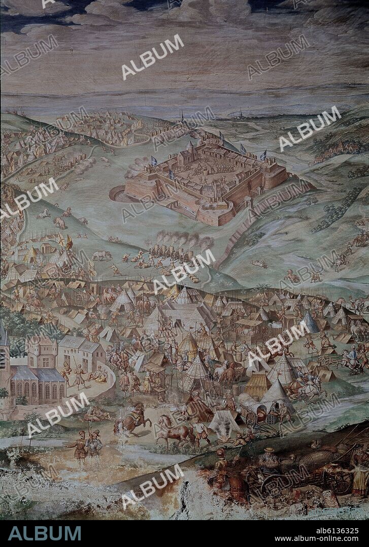 GRANELLO-TAVARON-CASTELLO Y CAMBIASSO. DET- BATALLA DE GRAVELINAS (1558)- PINTURA AL FRESCO 1585- SALA DE BATALLAS- ANTES DE RESTAURAR.