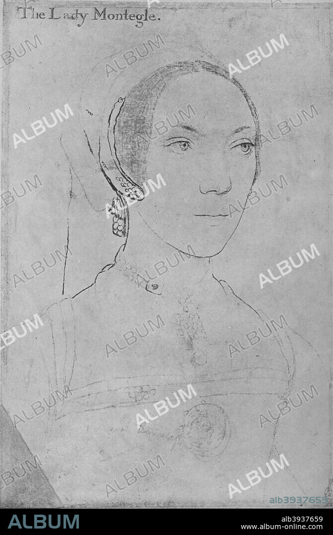 'Mary, Lady Monteagle', c1538-1540 (1945). Lady Mary Brandon, Baroness Monteagle (1510-1540/1544), was an English noblewoman, and the daughter of Charles Brandon, 1st Duke of Suffolk, by his second wife, Anne Browne.The drawing is part of the Royal Collection Trust, Windsor Castle. From The Drawings of Holbein at Windsor Castle by K. T. Parker. [The Phaidon Press Ltd, Oxford & London, 1945].