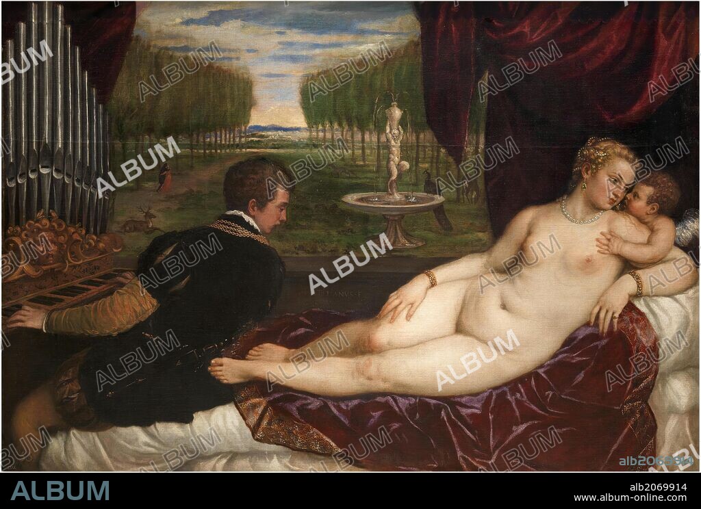 Vecellio di Gregorio Tiziano / 'Venus recreándose con el Amor y la Música', Hacia 1555, Escuela Italiana, Óleo sobre Lienzo, 150,2 cm x 218,2 cm, P00421.