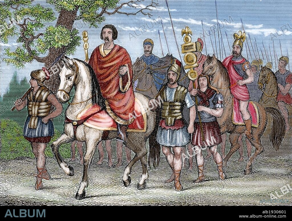 IMPERIO ROMANO. EJERCITO ROMANO. Grabado coloreado del siglo XIX.