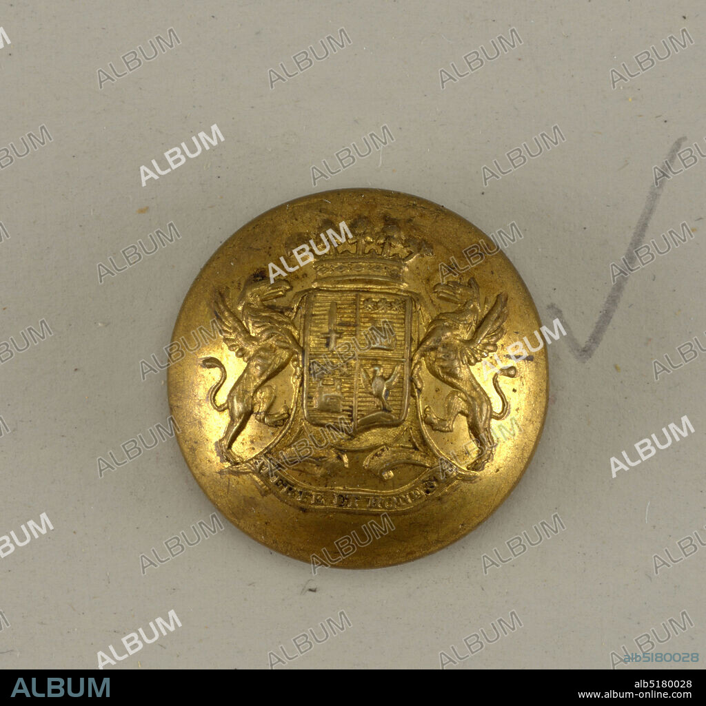 Button, Brass, Circular, convex button with ornament showing shield with heraldic devices, griffin supporters, a crown above and below, ribbon with 'Aperte et honeste'. Brass back and shank. On reverse, 'Superieur France'., On card E, France, 180150, costume & accessories, Decorative Arts, Button.