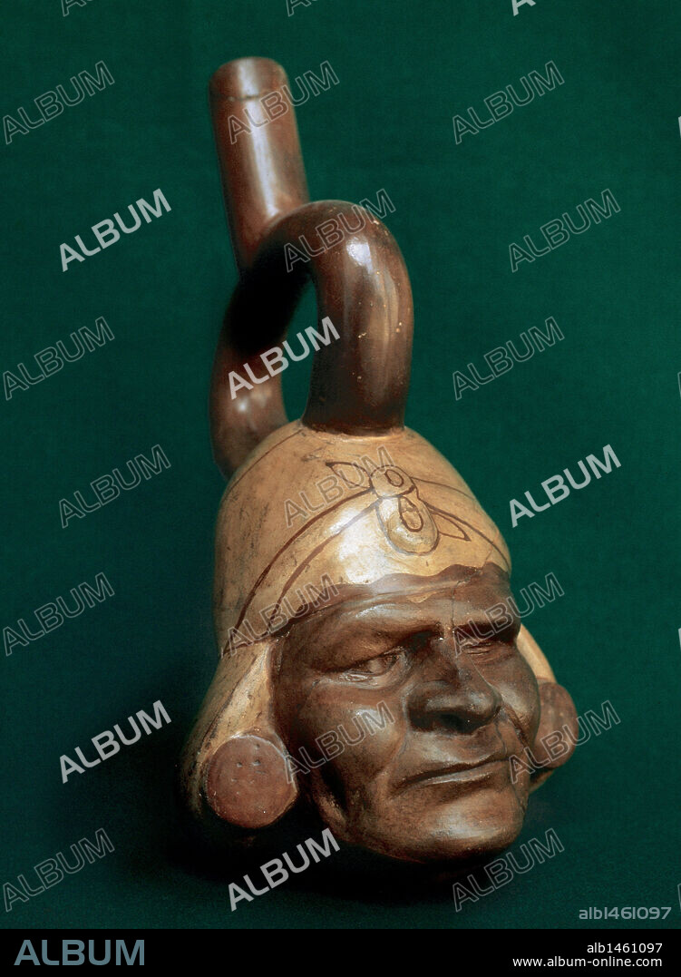 Pre-Columbian Art. Moche Culture (100-900 B.C.). Moche portrait stirrup spout vessel. Archaeological Museum. Cusco. Peru.