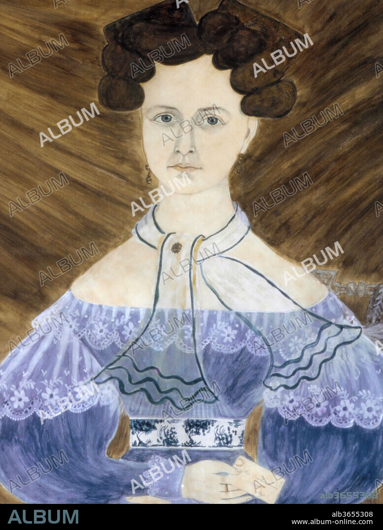 Miss Emeline Parker of Lowell, Massachusetts. Artist: Ruth Whittier Shute (1803-1882); Samuel Addison Shute (1803-1836). Dimensions: 23 5/8 x 18 5/8 in. (60 x 47.3 cm). Date: 1832.
Married in 1827, Ruth and Samuel Shute were a husband-and-wife team of itinerant portrait painters working in New England and upstate New York. Although they initially painted independently, the couple collaborated on a series of oil and watercolor portraits beginning in 1832. Little is known about the sitter, who is identified only by the calling card in her right hand. An inscription on the back reveals each artist's contribution to the work, which was "Drawn by R.W. Shute and Painted by S. A. Shute." The couple characteristically mixed materials, combining graphite, watercolor, and applied gold foil, added here to emulate Miss Parker's jewelry.