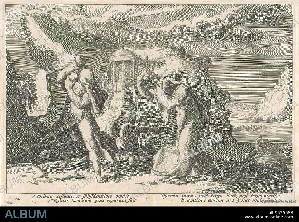 Deucalion and Pyrrha create a new race of people, Metamorphoses of Ovid (series title), Deucalion and Pyrrha, the only man and woman who had survived the great flood of the gods, throw stones behind them with covered faces, which turn into men and women. From the oracle in the temple behind them they received this advice. To the left on the mountain behind the oracle is the ark in which Deucalion and Pyrrha survived the flood. In the lower margin a four-line explanation, in two columns, in Latin., print maker: Hendrick Goltzius, (workshop of), after design by: Hendrick Goltzius, Franco Estius, Haarlem, 1589, paper, engraving, height 177 mm × width 257 mm.