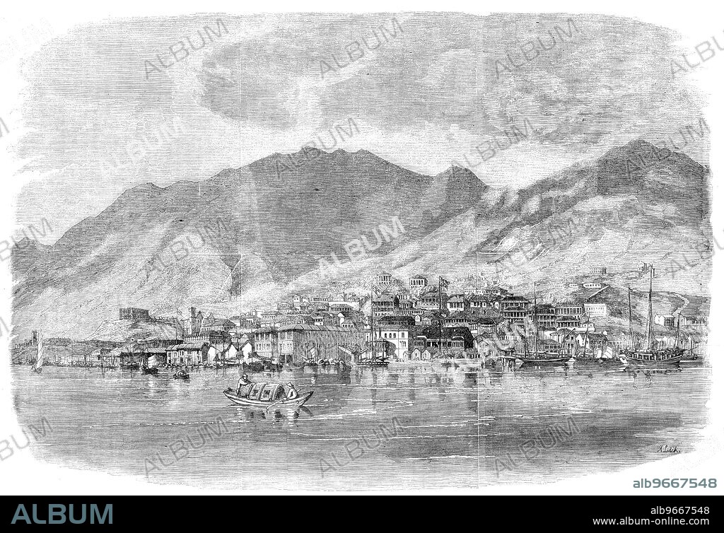 Hong-Kong: Central Portion of the Town of Victoria, 1857. General view showing '...the central part of the town of Victoria, lying at the base of the lofty hills. The town was founded in 1841; and within two years, from a tent pitched for the Government residence, it became a large assemblage of stores, forts, wide streets, bazaars, and markets, and several public buildings'. The city of Victoria, also known as Victoria City, was the de facto capital of Hong Kong during its time as a British dependent territory. From "Illustrated London News", 1857.