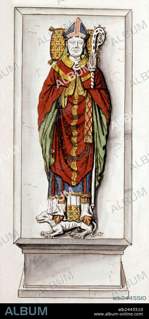 Grave of French bishop Pierre Cauchon (1371-1442) he took part into trial of Joan of Arc in 1431, grave in Lisieux, France, engraving.