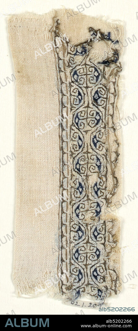 Band, Embroidery using silk threads on plain weave linen., Embroidered band of scroll-work in brown and blue., 13th century, embroidery & stitching, Band.