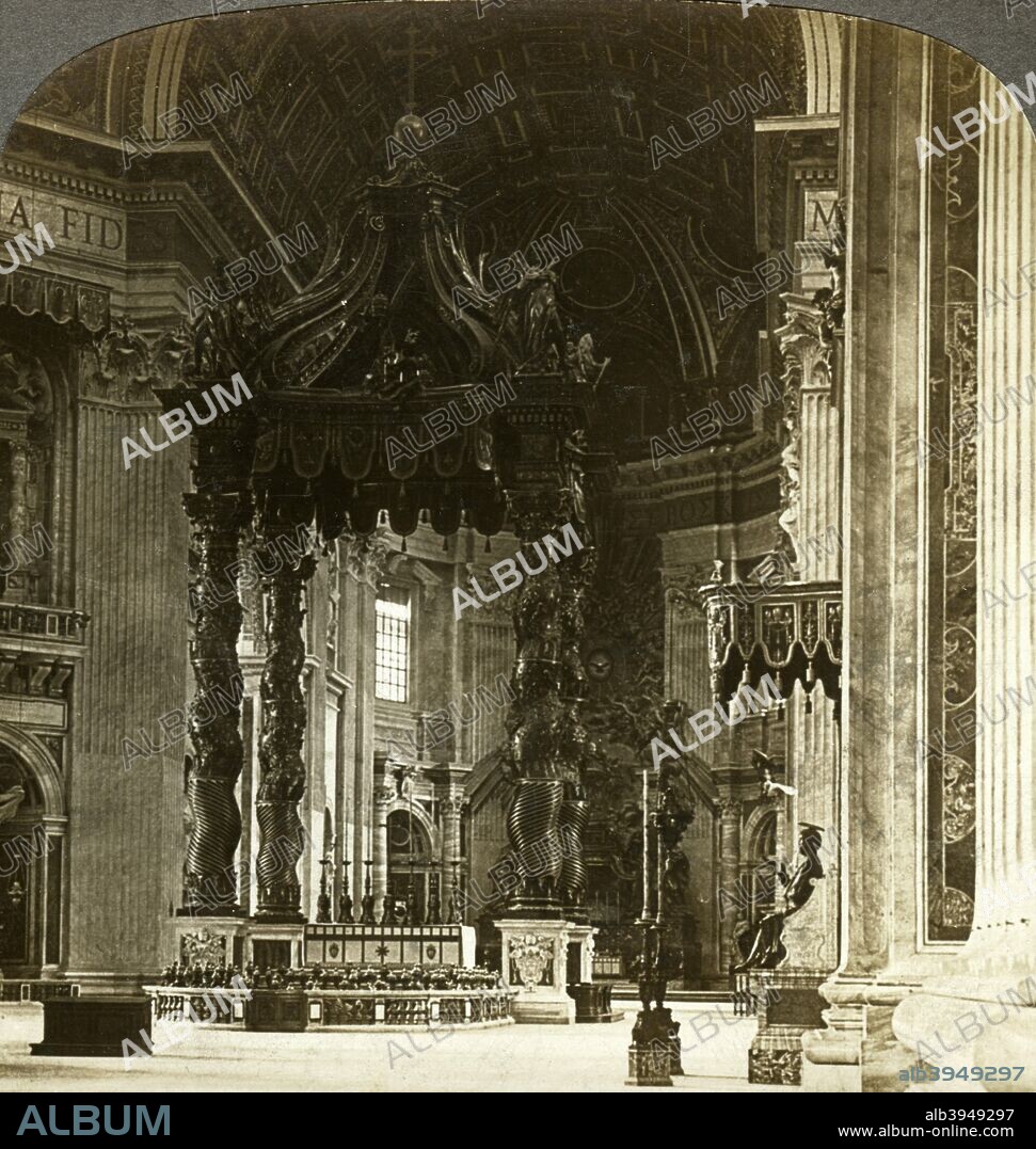 The great altar with its baldachin, St Peter's Basilica, Rome, Italy. The monumental bronze baldachin shelters the papal altar and the relics of St Peter. Commissioned by Pope Urban VIII it was created by the great Baroque architect and sculptor Lorenzo Bernini between 1624 and 1633. Stereoscopic card detail.