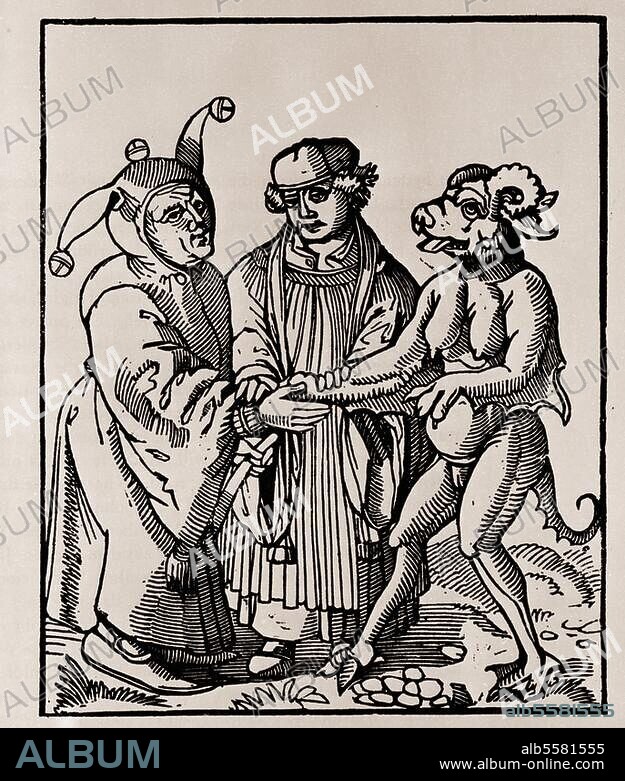 Reformation und Bauernkriege:. Der Geistliche, der Narr, und der Teufel. Holzschnitt. Aus: Thomas Murner, Von dem großen Lutherischen Narren, Straßburg 1522.