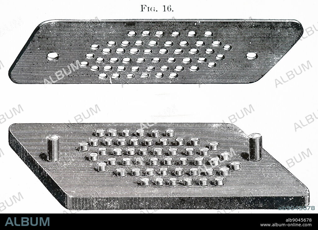 Tablets. Tablet plate. The moistened tablet mixture was spread on to the plate with a spatula. When the mixture hardended the plate was pressed down on to a pegged plate and the pills pushed free.