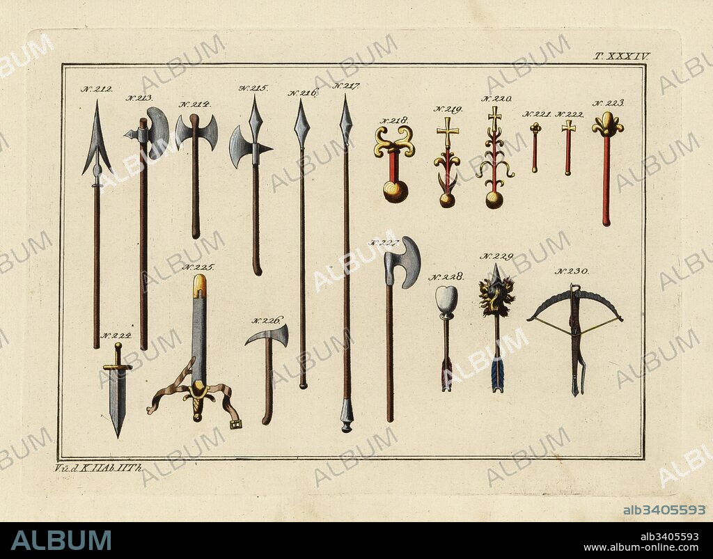 Norman weaponry: lance 212, Gisarma or halberd 213, Bipennis or double battle axe 214, battle axe 215,226, 227, spear 216, jousting spear 217, cross-bearing orb or Reichsapfel 218-220, sceptres 221-223, dagger 224, sword 225, arrow with flask 228, arrow with ornate head 229 and crossbow 230. Handcoloured copperplate engraving from Robert von Spalart's Historical Picture of the Costumes of the Principal People of Antiquity and of the Middle Ages, Chez Collignon, Metz, 1810.
