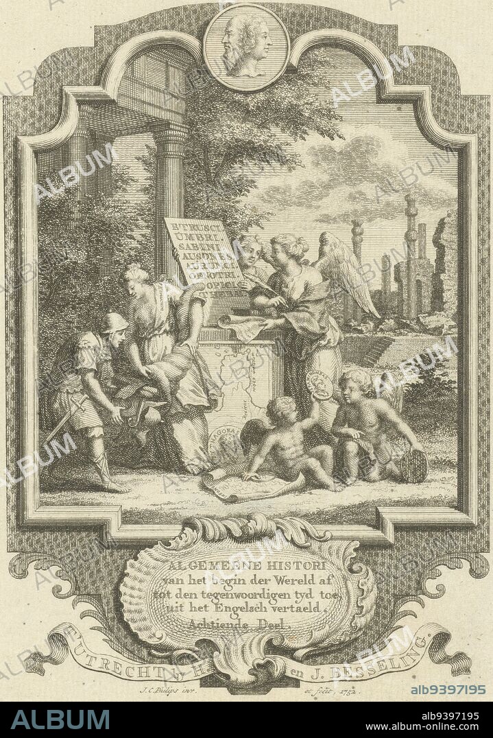 History at a monument showing the map of Etruria and a medallion with the portrait of Pythagoras. In the background Etruscan ruins. On the left in the foreground a Roman receiving from the Virgin of Etruria all kinds of art treasures. Right in the foreground putti holding medallions bearing the portraits of two Etruscan war heroes: Pelopidas and Epaminondas. In the frame of the cartouche a medallion with a Janus head, Cartouche with allegory on the history of Etruria Title page for: K. Westerbaen, Algemeene histori, 1752, print maker: Jan Caspar Philips, (mentioned on object), Jan Caspar Philips, (mentioned on object), publisher: Hermanus & Johannes Besseling, (mentioned on object), print maker: Amsterdam, publisher: Utrecht, 1752, paper, etching, engraving, h 170 mm × w 121 mm.
