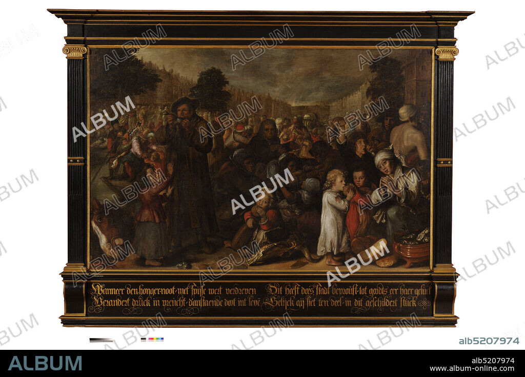 painting, Pieter van Veen, probably before 1615, Signature front, bottom left: DV [...], canvas, oil paint, painted, With frame: 275.5 x 354.5 x 11.5cm 2755 x 3545 x 115mm, Weight: 140 kg, history piece, woman, cityscape, man, Leiden, painting depicting a eating crowd of people: the feeding of the redeemed people of Leiden on October 3, 1574. In a cityscape depicting the Vliet seen in the direction of the Vlietgat, a large crowd multitude of citizens to get hold of the herrings and the white bread, which are brought into the city by the Beggars with their barges. In the left foreground is a citizen cutting off a herring. A girl is standing in front of him on the left. Right behind him is an old woman sitting next to a tray of bread. She is holding a loaf of bread. In the center is a man facing the viewer, pointing to the right on three women fighting for bread. In the center of the foreground, next to a gnawed bovine skull, sits a child eating bread. Two other children are standing with a woman who kneels in prayer on the far right. Behind her are another shouting boy and three men, one of whom has stripped the torso and is wearing a white cap. On the far right behind the kneeling woman another child. The foreground is closed on the left and right by a horse's head and a still life of bread and a pot with herring. On the left you see the barges of the Beggars. A number of civilians have jumped into the water and are trying to reach these barges. A trumpet player blows with all his might. On the other side of the Vliet and likewise on the right in the background a dense and happy crowd. Behind the Vlietgat, on whose path the defenders stand, one sees the bridge of the Neksluis and the flames of the burning Spanish jumps. Signed bottom left. The painting is in the original black-painted wooden frame with gilding. This original list states: When the hunger nut was expelled with food, it changes.