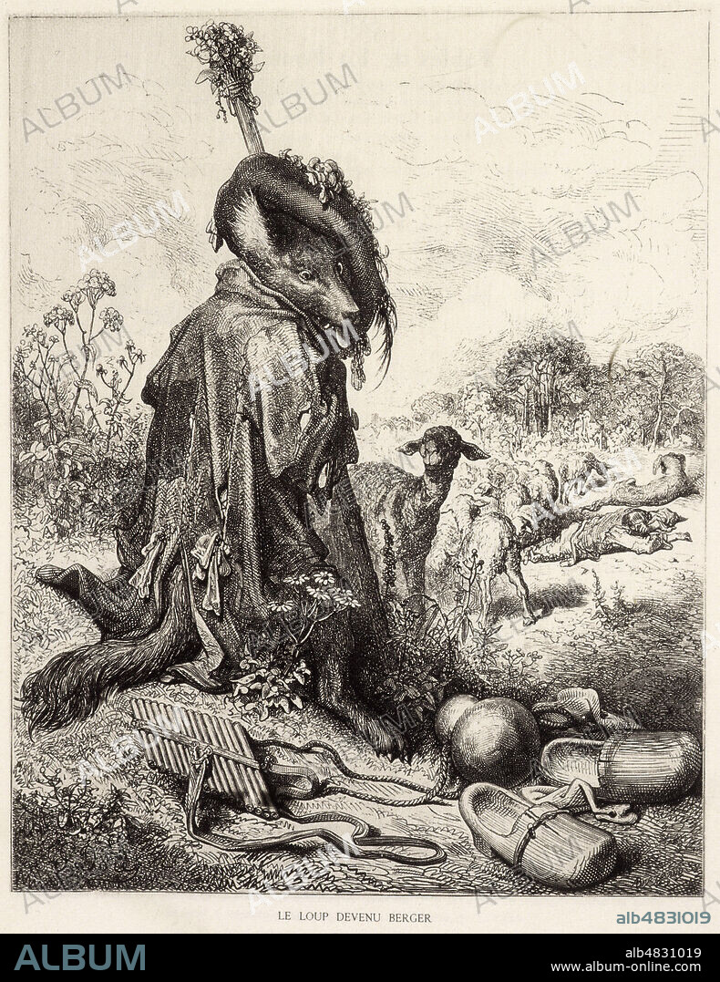 'Le loup devenu berger'. Illustration de 1868 par Gustave DORE (1832-1883) pour Fables de LA FONTAINE (1621-1695) . Credit : Coll. Dom/KHARBINE-TAPABOR.