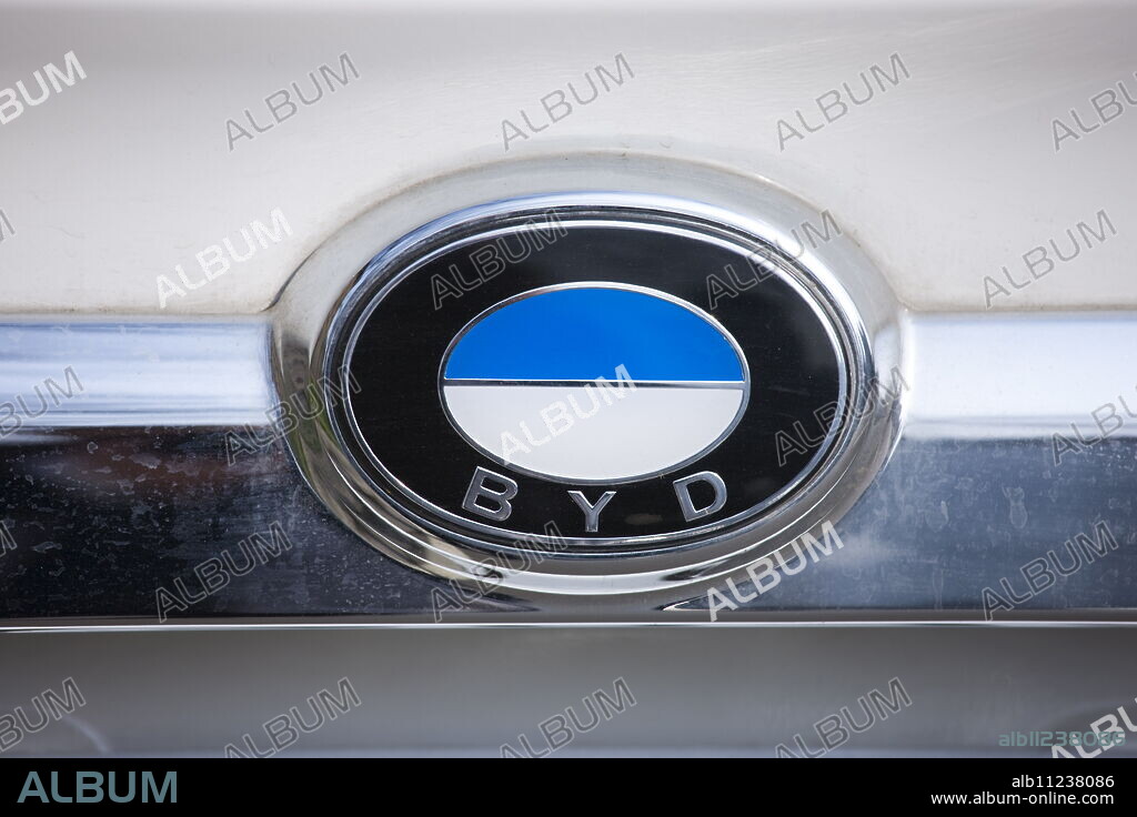 BYD logo, car manufacturers (similar in appearance to BMW logo), Xian, China.