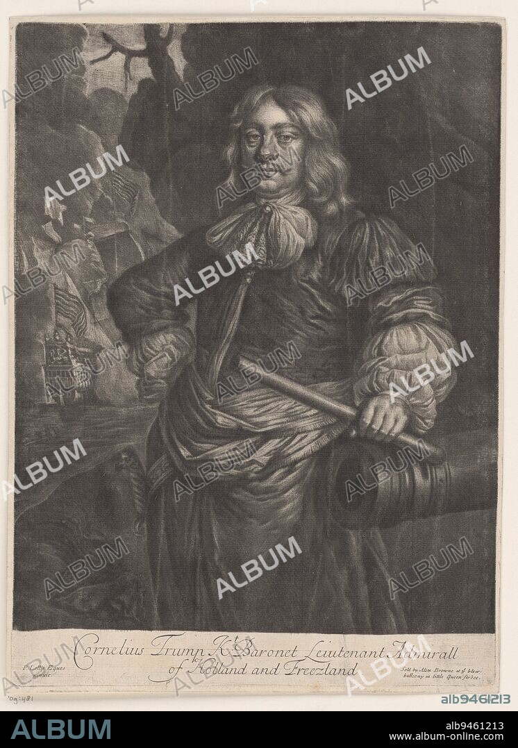 Portrait of Cornelis Tromp Cornelius Trump Kt Baronet Lieutenant Admirall of Holland and Freezland , print maker: Alexander Browne, after: Peter Lely (Sir), (mentioned on object), publisher: Alexander Browne, (mentioned on object), 1675 - 1683, paper, h 338 mm × w 248 mm.