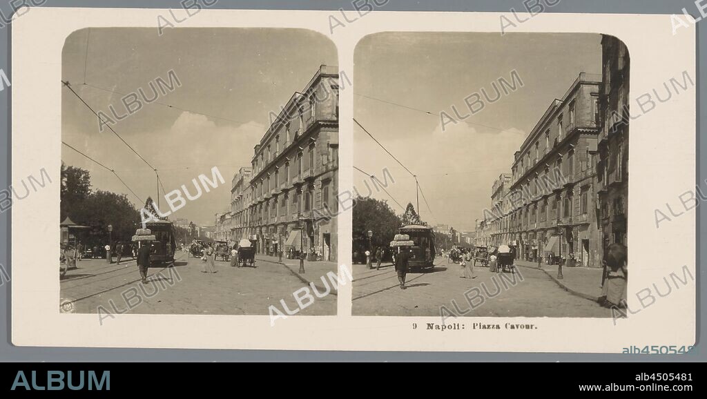 View of the Piazza Cavour in Naples Napoli: Piazza Cavour (title on object), village square, place, facade (or house or building), tram, Piazza Cavour, Neue Photographische Gesellschaft (mentioned on object), c. 1900 - c. 1910, cardboard, photographic paper, gelatin silver print, h 88 mm × w 179 mm.