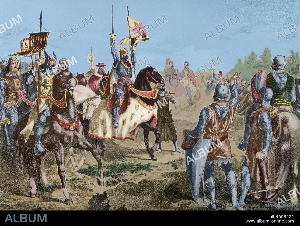 Alfonso VIII de Castilla (1155-1214) celebrando la victoria en la Batalla de las Navas de Tolosa, librada el 16 de julio de en 1212 derrotando a los almohades. Litografía. "Museo Militar del Ejército Español", Tomo I. Evaristo Ullastres Editor. Barcelona, 1883. Coloreado.