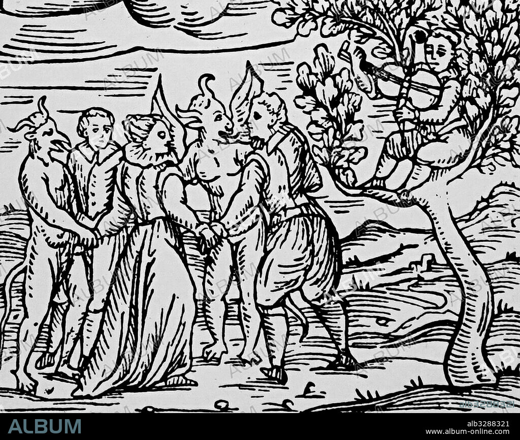 Woodcut depicting a group of witches and warlocks dancing with the Devil at the Sabbath. From Francesco Maria Guazzo (1500-1600) Compendium Maleficarum. Dated 17th Century.
