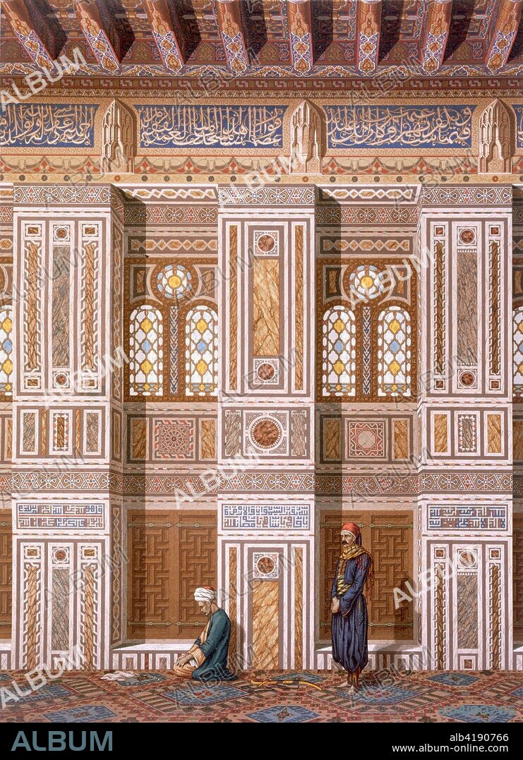 Cairo: Interior of the Mosque of Qaitbay; worshippers pray next to wall niches, or Mihrabs; from L'Art Arabe d'apres les Monuments de Kaire; pub. 1877 (chromolithograph). Two men pray in the ornately decorated interior of the Mosque of Qaitbay, part of what is now known as the Complex of Sultan al-Ashraf Qaytbay; built by Sultan al-Ashraf Qaytbay (c.1416-1496) in 1474; from L'Art Arabe d'apres les Monuments de Kaire; illustrations of Islamic art, architecture, woodwork, tiling, interiors, furnitute etc.; Émile Prisse d'Avennes (1807-1879) was a French archeologist, Egyptologist, architect and writer of the nineteenth century.