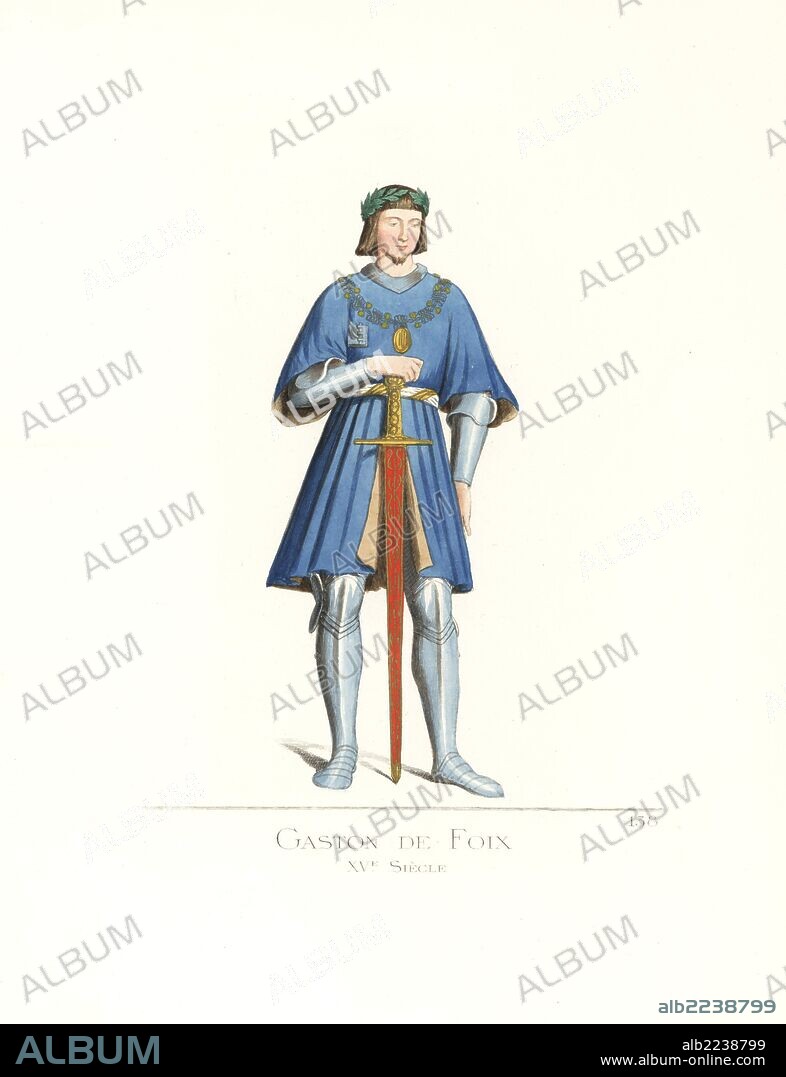 Gaston de Foix, duc de Nemours (1489–1512), French military commander famous for his campaign during the War of the League of Cambrai. He wears a laurel wreath, a blue tunic over a suit of armour, and rests his hand on a sword. From a sculpture by Agostino Busti preserved in the Pinacoteca di Brera, Milan (now in Sforza Castle). Handcoloured illustration drawn and lithographed by Paul Mercuri with text by Camille Bonnard from "Historical Costumes from the 12th to 15th Centuries," Levy Fils, Paris, 1861.