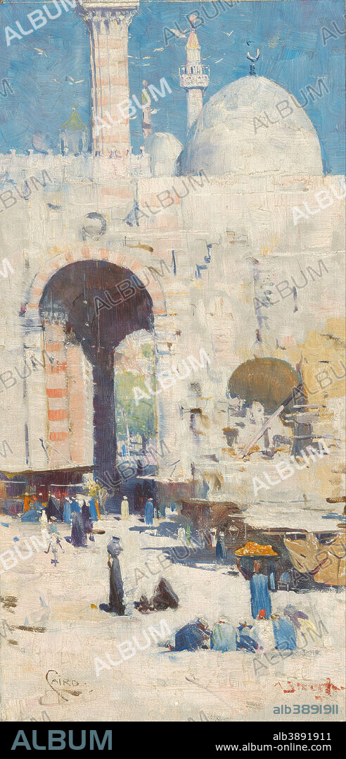 ARTHUR STREETON. Cairo street [or Mosque, Sultan Hassan]. Date/Period: 1897. Painting,oil on canvas, mounted on paperboard. Height: 334 mm (13.14 in); Width: 171 mm (6.73 in).
